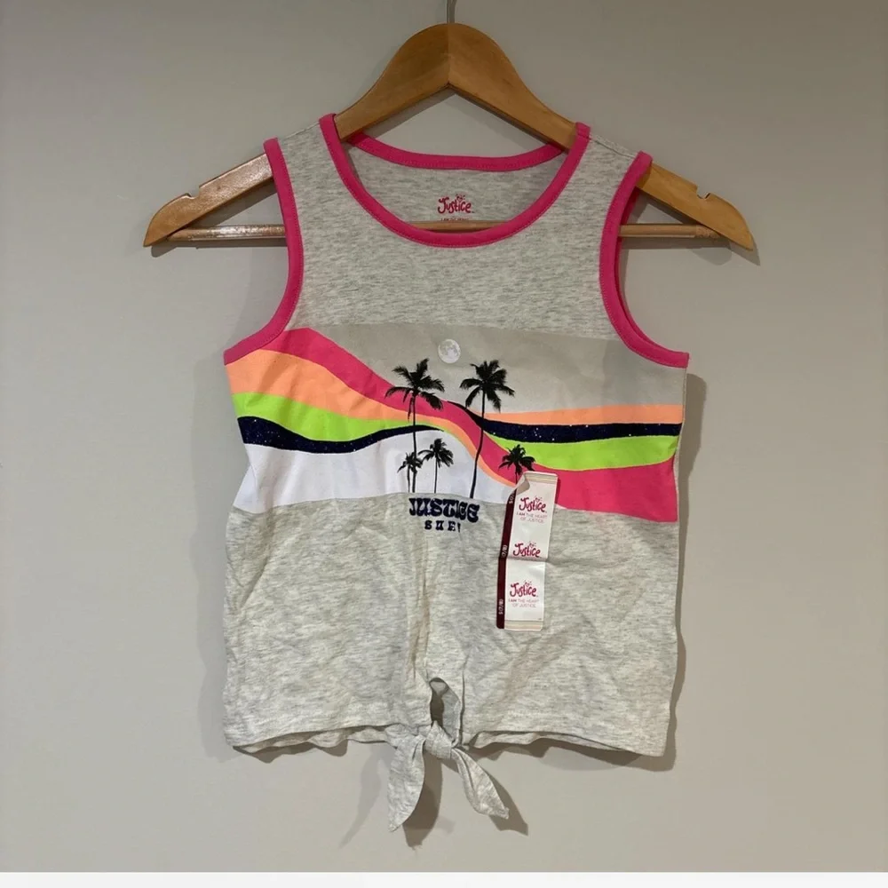 Justice Girls Tropical Palm Tank Top Size Small Gray Pink Tie Front